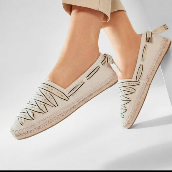 Tory Burch Shoes - Tory Burch Logo Grosgrain Espadrilles Cream/Perfect Black Women's Shoes Size 9.5